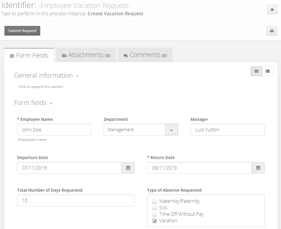 Vacation Request Process Form deployed and used by an end user in Flokzu Cloud Workflow.